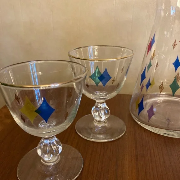 Libby Retro Mid-Century Atomic diamond design Barware set pitcher & 4 glasses